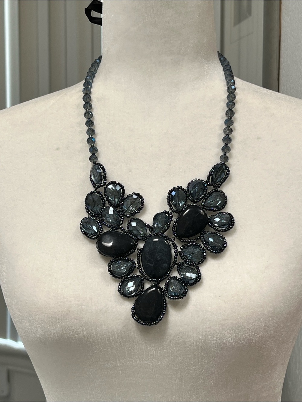 Bib Necklace by Tasha - Black Gray Stone Crystal Ribbon Beads